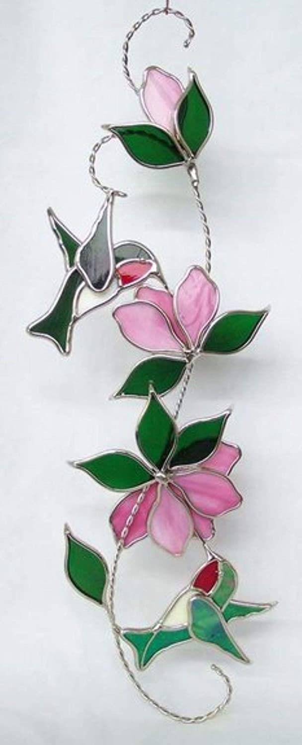 Stained Glass Hummingbird Suncatcher with Pink Flowers – Real Glass with Silver Finish – Two Ruby-Throated Hummingbirds on Twisted Vine – 17" Hanging Panel – Handcrafted Garden Window Art