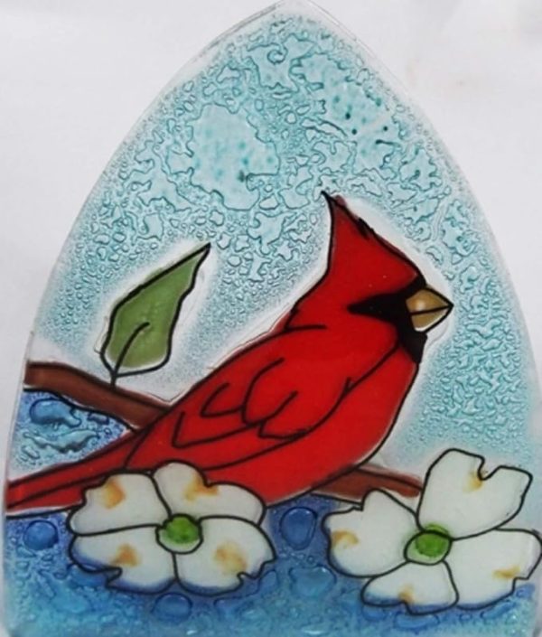 Cardinal with Dogwood Flowers fused art glass nightlight