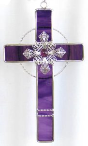 Grape/Purple Stained Glass Filigree Cross 9 “ tall