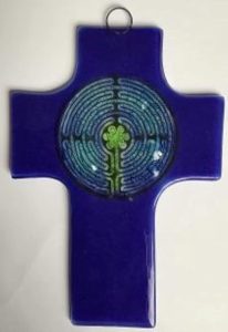 Blue art glass Cross with labyrinth