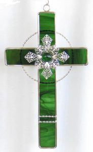 Emerald Green Stained Glass Cross with Filigree
