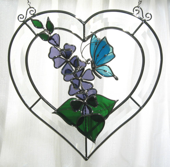 Butterfly Stained and Beveled Glass Heart